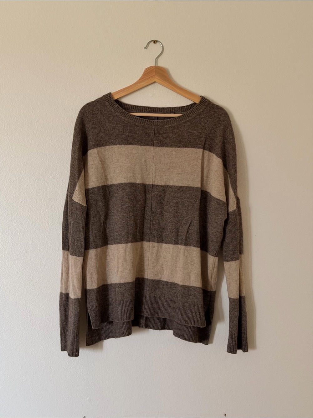 Vince Brown and Cream Striped Crewneck Sweater